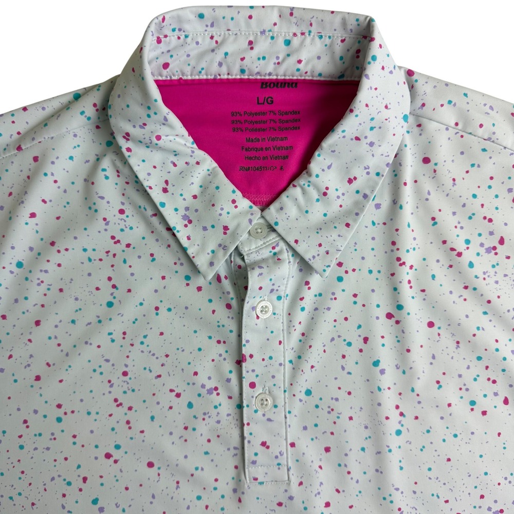 Birdie Bound Golf Polo Mens Large White Pink Teal Splatter Performance Shirt